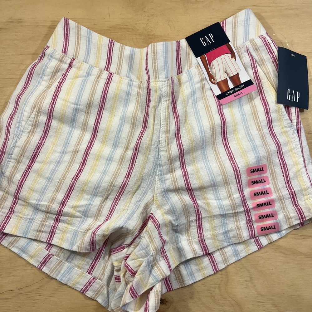 Gap Ladies Linen Pull On Elastic Waistband Short with Pockets Striped Size S New